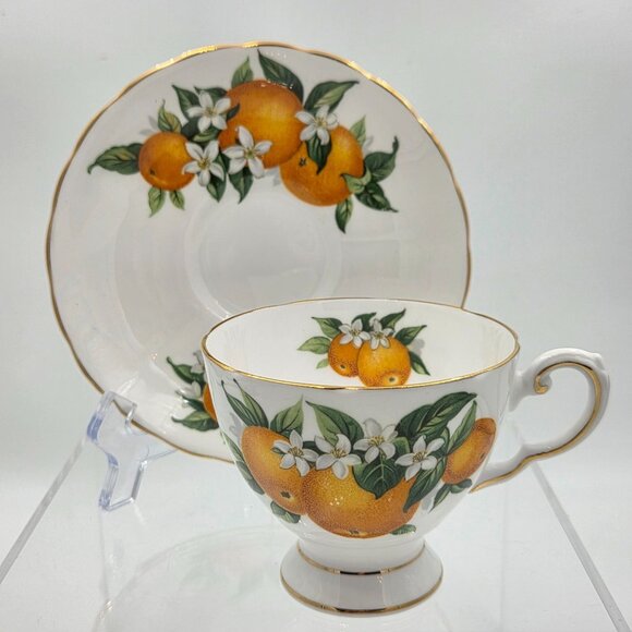Tuscan Florida Oranges and Blossoms on White Footed Cup and Saucer England - Picture 1 of 10